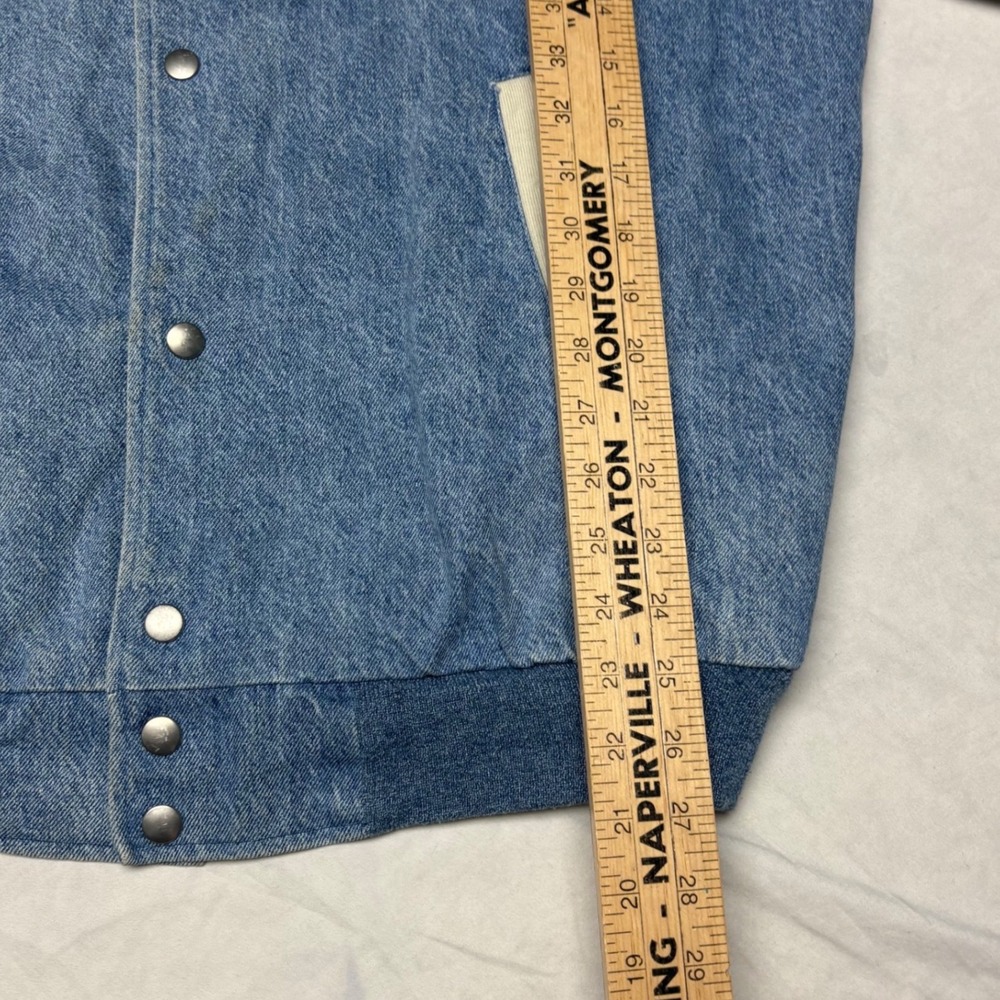 Vintage Nike Denim Varsity Jacket Blue Cream Mens Large Snap Front 90s Sport - Picture 7 of 7